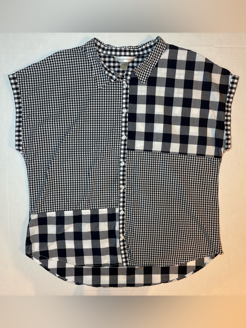 Christopher & Banks Black & White Gingham & Checkered 100% Cotton Blouse Size XL